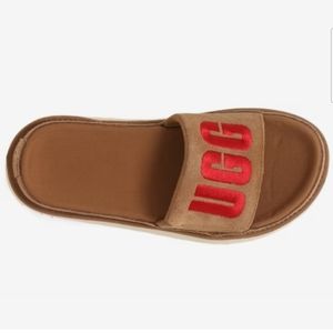 UGG Tan and Red Slide Sandals